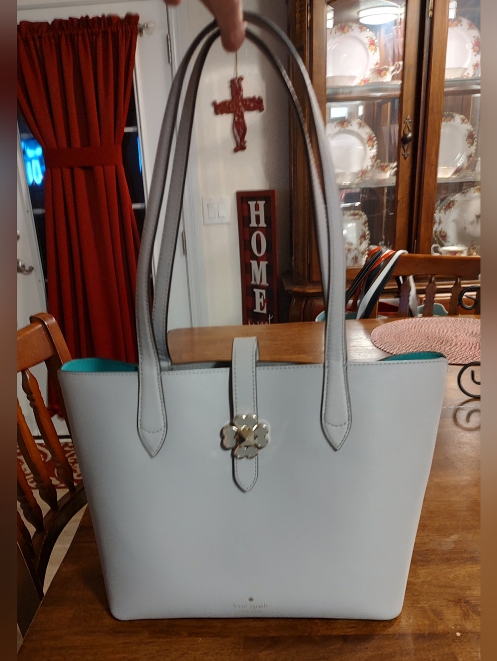 kate spade Light Gray Leather Tote with Turquoise Interior